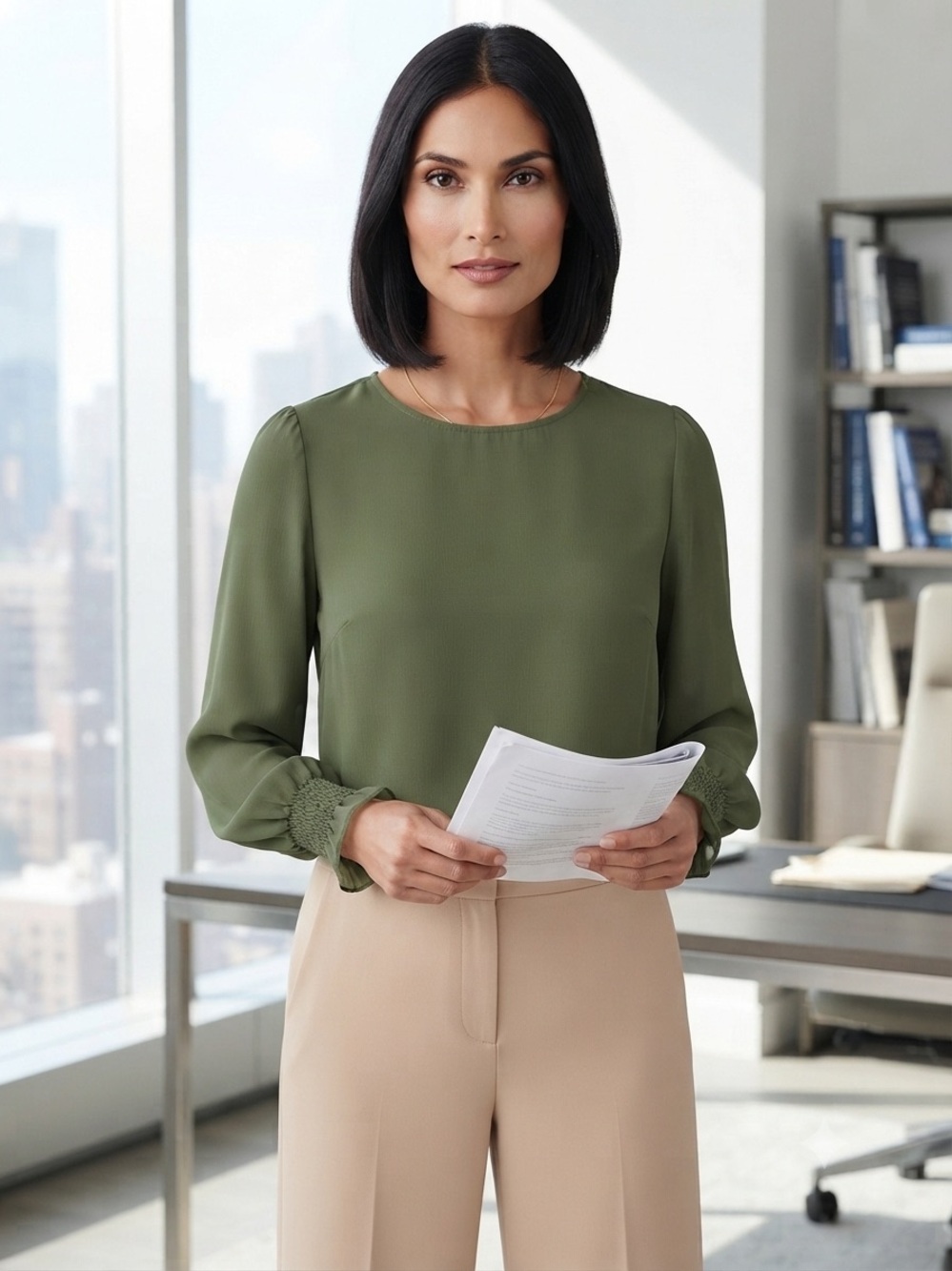 J. Crew Olive Green Long-Sleeve Crewneck Blouse with Puffed Rouched Cuff